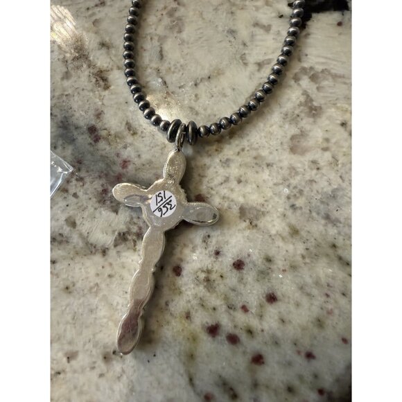 OOAK Artisan Peacock Dahlia White Buffalo Desert Pearl Necklace & Cross Pendant - Picture 10 of 11